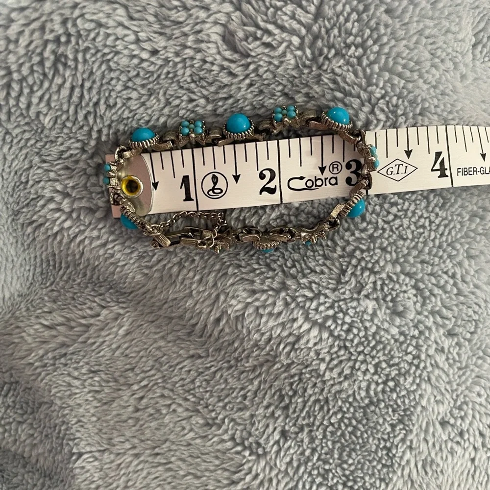 Vintage Mid-Century Silvertone Turquoise Floral Link Bracelet with Safety Chain